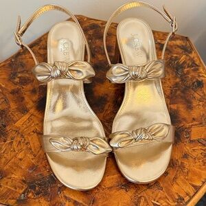 EUC Women’s J. Crew Metallic Gold Bow Heeled Sandals, size 9